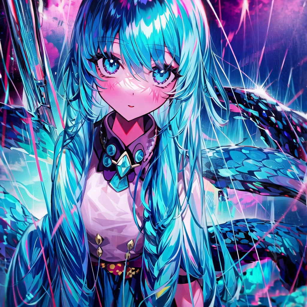Cute Crystal Monster, Beautiful brightness and high quality of 8K with attention to detail From the top of the hill、In a thunderstorm、People watching the burning city。Death with a scythe descends from the sky on a chariot。.,girl, special eyes