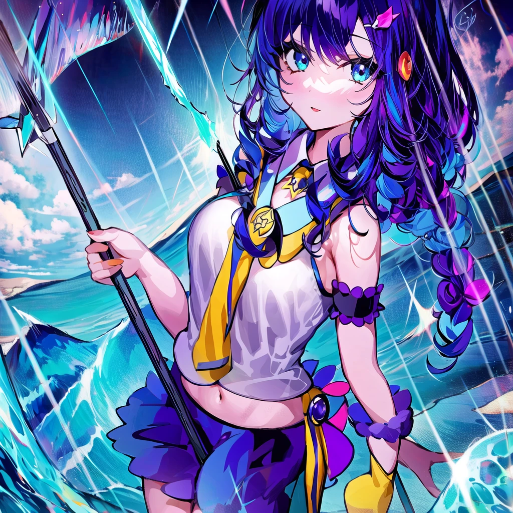 Cute Crystal Monster, Beautiful brightness and high quality of 8K with attention to detail From the top of the hill、In a thunderstorm、People watching the burning city。Death with a scythe descends from the sky on a chariot。.,girl, special eyes