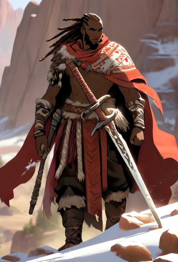 Ultra Realistic, Highly Defined Details, Snowy Mountain Range, Shadowy Distant Back Drop, Bones Liter The Ground, Shandy Color Shading Capturing the Mode, Young Adult African Male Villager, Cliff Side View Of the Valley Below, Piercing Gaze, Serious Sharp Facial Features, Fit Athletic Muscular Physique, Bone Mail Armor, Peaces of tribal decorations tied to armbands, Bone chest plate armor, Lightly armored belt buckle dagger in a sheath, Bone carved Hilt, Long Curved Sword, wrapped in crimson decorated cloth Worn On the Back, Dark Torn Crimson Cloak, Distant Shot Full Body View, Waling against Wind, Windy Sean Leaves Blowing, Bones in the snow, jagged rocks and slopes