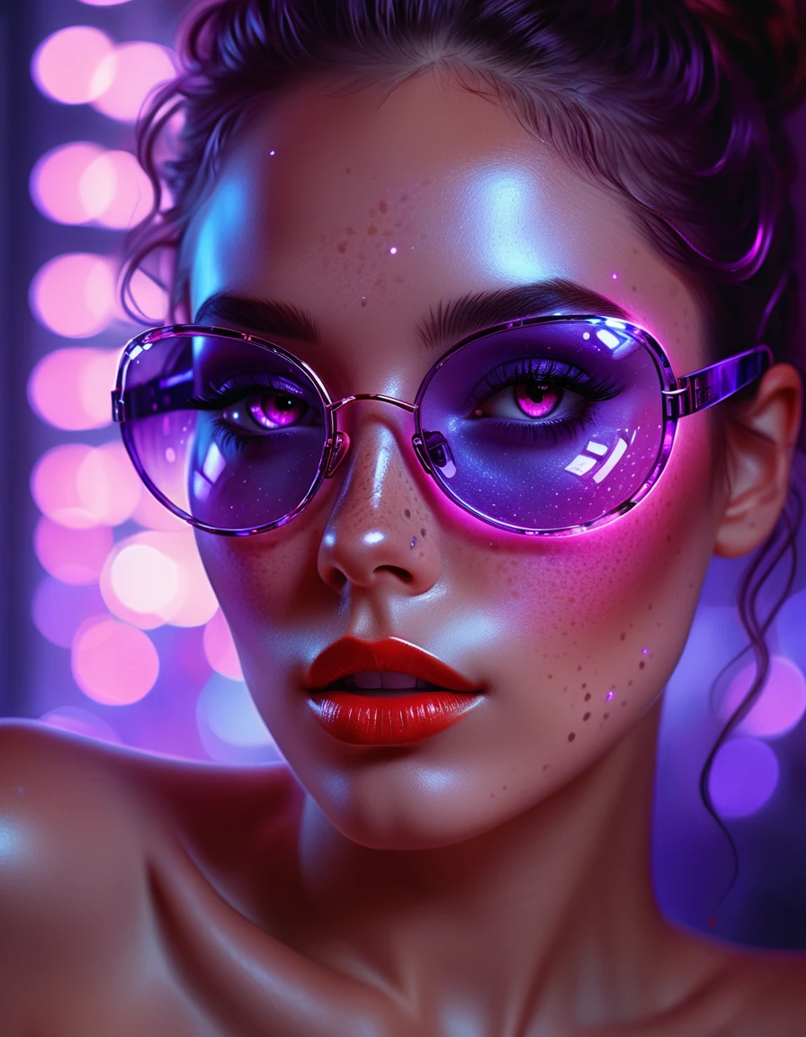 A full head image of a woman adorned with freckles and a glass shades, featuring beautiful digital artwork with red glowing skin, realistic digital art in 4K, seductive glowing sleepy purple eyes, and an 8K resolution. This stunning digital illustration showcases a glossy digital painting technique, a face aglow with an purple hue, complemented by an Artgerm bokeh effect, and a radiant red and purple glow.