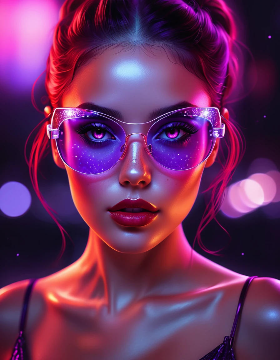 A full head image of a woman adorned with freckles and a glass shades, featuring beautiful digital artwork with red glowing skin, realistic digital art in 4K, seductive glowing sleepy purple eyes, and an 8K resolution. This stunning digital illustration showcases a glossy digital painting technique, a face aglow with an purple hue, complemented by an Artgerm bokeh effect, and a radiant red and purple glow.