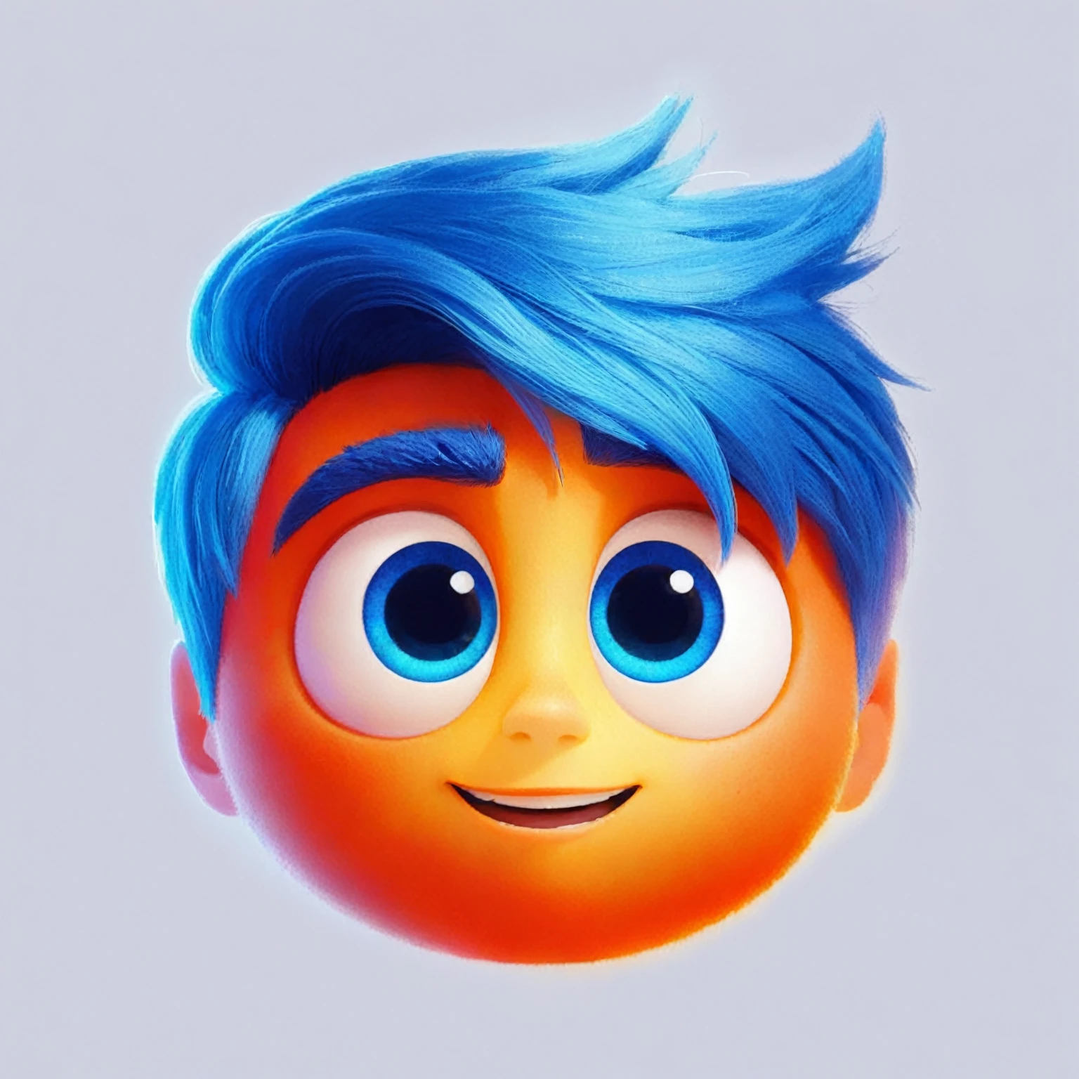 Create an animated male character named Mirabolado, inspired by Disney's 'Inside Out.' He should have vibrant light orange skin and blue hair like Joy's. His shape should be rounded and dynamic, with large, expressive eyes and a friendly, inspiring smile. He should emit a soft light to symbolize creativity and have a whimsical, non-human appearance. Use casual clothing and include whimsical elements like floating stars and sparkles to enhance his creative nature.