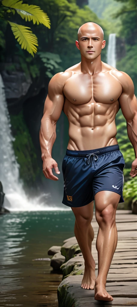 (dynamic lighting), (75mm), (realism), (realistic)), (depth of field), (UHD), (32k), (Mastepiece), (highres, high resolution), (Advanced facial details), (shiny skin), (photorealistic), (dslr), (soft lighting), (high quality), (clearly face), ((full body shot:1.5)), (finely detailed face), (top quality), (Best Quality), 1man (bulging gigantic muscles:1), (Detailed baldness:1), (bald head:1), shirtless, (very low-rise running shorts) with a ((large bulge:1)), Take the whole body, Walking posture Manly, Look at the camera, (Make eye contact), manhood posture, Manly deportment, Have morals, masculinity, manhood, very detailed facial parts, very detailed neck, Manly, waterfall background, happy expression, professional photos, soft focus, very detailed, Ultra high resolution, perfect anatomy, The body is very symmetrical, Highly detailed, detailed face, Detailed eyes, proportional eyes, very detailed mouth, Leaky abdomen, thin, small waist, realistic, human skin, handsome chad chin, Be a man, human skin, handsome, charming, Photo taken from the front, perfect composition, very detailed hands, very detailed fingers,