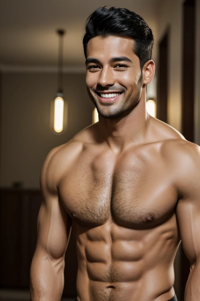 A man super detail, best quality, A handsome man, black hair, short hair, light smile, happy, six-pack