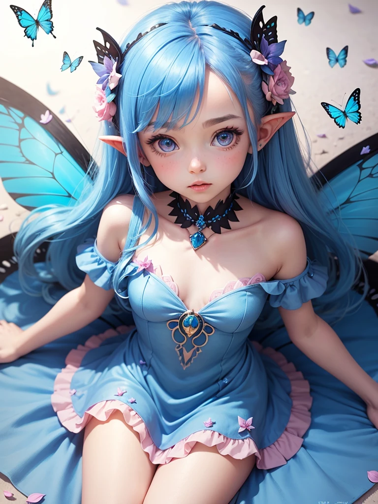 cute little Fairy, blue butterfly, blue hair, pink eyes, blue dress pointy ears dress made of petals leaves
