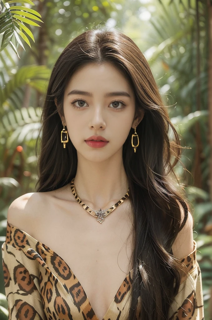 (((best quality))),(((ultra detailed))),(((masterpiece))),illustration,((1 beautiful girl,solo)),(shoulder length messy hair:1.2),((Beast bone earrings and necklace)),((slim,thin)),((small breasts,flat chest)),(slender legs:1.2),fair complexion,(leopard print panel dress:1.3),seductive,wild spirit,lush forest,primitive,tall trees,green canopy, sunlight filter,scent of earth,bird chirping,small creatures,secluded spot,captivating,enigmatic,raw energy,untamed spirit,morden day Eve,Garden of Eden,playful,adventurous,striking appearance,exotic setting,summertime,heat,humidity,vibrant colours,endless possibilities,exquisite detail,expansive wilderness,feminine allure,((from front,upper body))