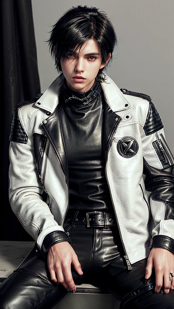 Final fantasy taste and reality graphics, ((Japanese young cute and cool ikemen  boy)), his age is early 20s, thin eyebrows and beady eyes,  ((he wearing off white color leather  thick and heavy material jacket)), ((jacket is singlebrest)), ((biker style jacket)), ((jacket is large size)),((with epaulet)), ((jacket is long sleeve)), ((zipped front of the leather jacket)), , ((voluminous leather jacket)), ,((must jacket is high length and stand-up collar)) ((jacket collar with two belts)), ((jacket is a little black color line pattern)), ((also wearing black thick material turtleneck lackluster shirts)),  ((tight black leather pants)),  ((put black leather tight and thin glove on both hands)), ((black leather knee-high raceup boots)),((must views  head-to-toe)),((must views whole body)), ,((Do not show skin from the neck down)),leather jacket leather glove and leather pants have few wrinkles, Avoid showing your innerwear,zip up jacket fastner.must put on a leather glove.
Boy is black hair.boy looks like fashion model.
Boy in the dim room.