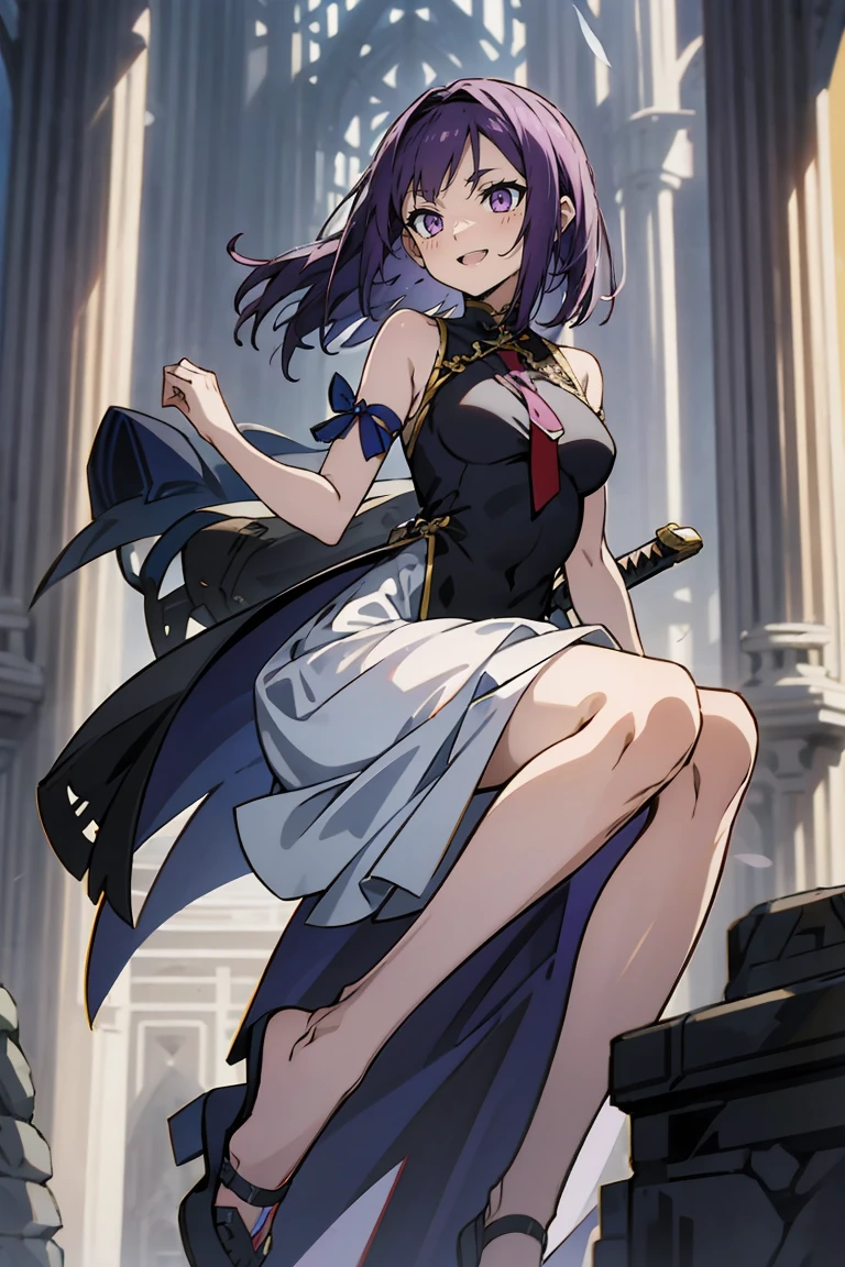 (masterpiece:1.2), (high quality:1.2), reo mikage, blue lock, girls with((1girl, solo, purple hair, (medium hair, right swept bangs, one side up:1.55), bare shoulder, blush, breasts, choker, cleavage, cowboy shot, collar, collarbone, rosary, cross, white clothes, blouse, white dress, sleeveless, collared shirt, necktie, black sleeves, arm wears, elbow armwarmers, black cheongsam, cinderella dress, long dress, frilled panniers, (open dress:1.34), leggings, boots, sandals, bare legs, sword, holding a sword, holding, holding a weapon, weapon)), background with((fantasy world, ruin, castle, beautiful sky, shining sky, sunshine:1.35))