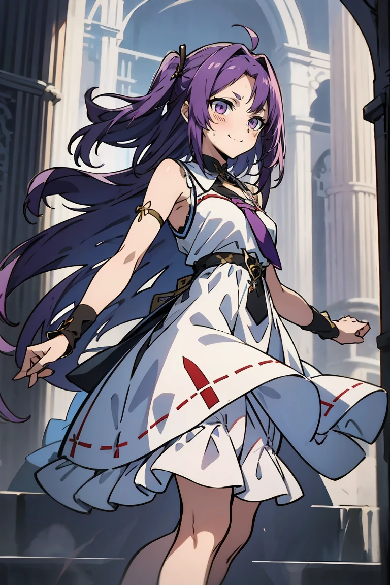 (masterpiece:1.2), (high quality:1.2), reo mikage, blue lock, girls with((1girl, solo, purple hair, (medium hair, right swept bangs, one side up:1.55), bare shoulder, blush, breasts, choker, cleavage, cowboy shot, collar, collarbone, rosary, cross, white clothes, blouse, white dress, sleeveless, collared shirt, necktie, black sleeves, arm wears, elbow armwarmers, black cheongsam, cinderella dress, long dress, frilled panniers, (open dress:1.34), leggings, boots, sandals, bare legs, sword, holding a sword, holding, holding a weapon, weapon)), background with((fantasy world, ruin, castle, beautiful sky, shining sky, sunshine:1.35))