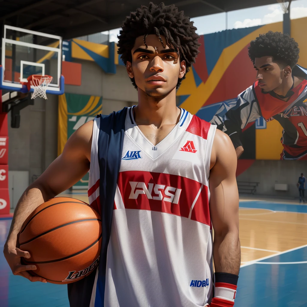 arafed man holding a basketball ball in front of a basketball court, wearing basketball jersey, mid shot portrait, intense look, portrait shot, jayison devadas, inspired by Erik Pevernagie, wearing nba jersey, profile shot, riyahd cassiem, official art, asher duran, inspired by John Luke, alexey egorov