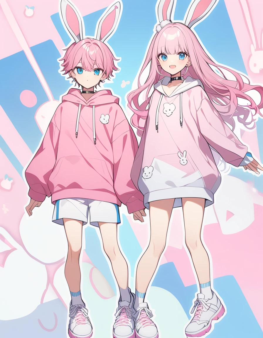 pink hair, boy, teen, rabbit ears, pink hoodie, blue eyes, choker, white shoes