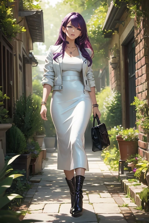 ((masterpiece, best quality, ultra-detailed)), beautiful woman walking through a garden, white leather jacket, necklace, bracelet, black midi pencil skirt, long skirt, leather boots, full body, long purple hair, tree, leaves, summer