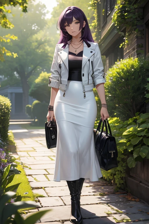 ((masterpiece, best quality, ultra-detailed)), beautiful woman walking through a garden, white leather jacket, necklace, bracelet, black midi pencil skirt, long skirt, leather boots, full body, long purple hair, tree, leaves, summer