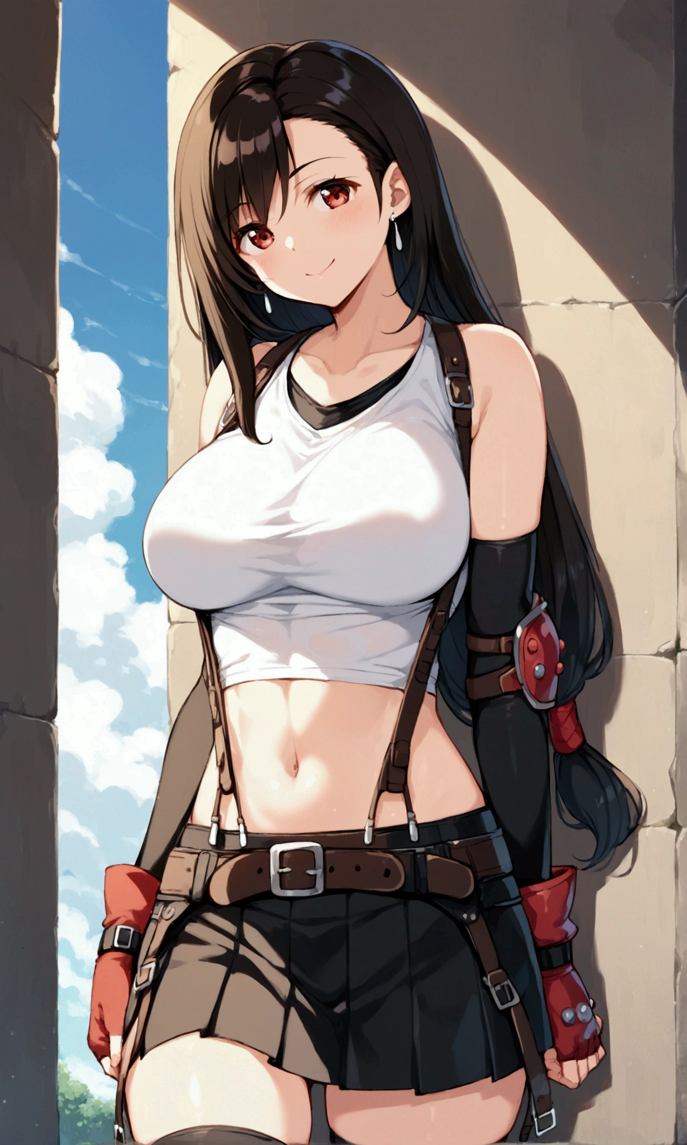 (score_9
score_8_up
score_7_up
score_6_up
score_5_up
score_4_up
source_anime),,BREAK , ,straight-on,,breast view, breast press,,standing,leaning on wall.. upperbody,,Solo ,1girl, tifa lockhart, final fantasy, tareme,black hair, low-tied long hair, red eyes, bangs, (white tank top, belt, pleated skirt, thighhighs, elbow fingerless gloves, elbow pads, midriff, navel,suspender skirt) ,(large_breast),(light smile),sunsetscene,outdoor,(ultra detailed),(best quality),(aesthetic,very aesthetic),,,detailed face and eyes and body,Shiny bare skin,