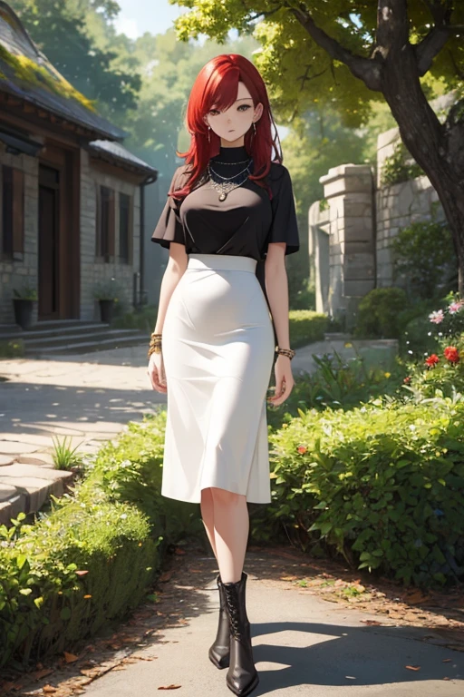 ((masterpiece, best quality)), 1girl, beautiful woman, white blouse, necklace, bracelet, black midi pencil skirt, black boots, full body, red hair, tree, leaves, summer, stone wall, hand on hip