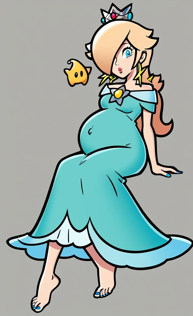 blonde hair, rosalina, 1girl, solo, dress, crown, blue eyes, star earrings, looking at viewer, sitting, barefoot, style parody, blue toenails, pregnant belly