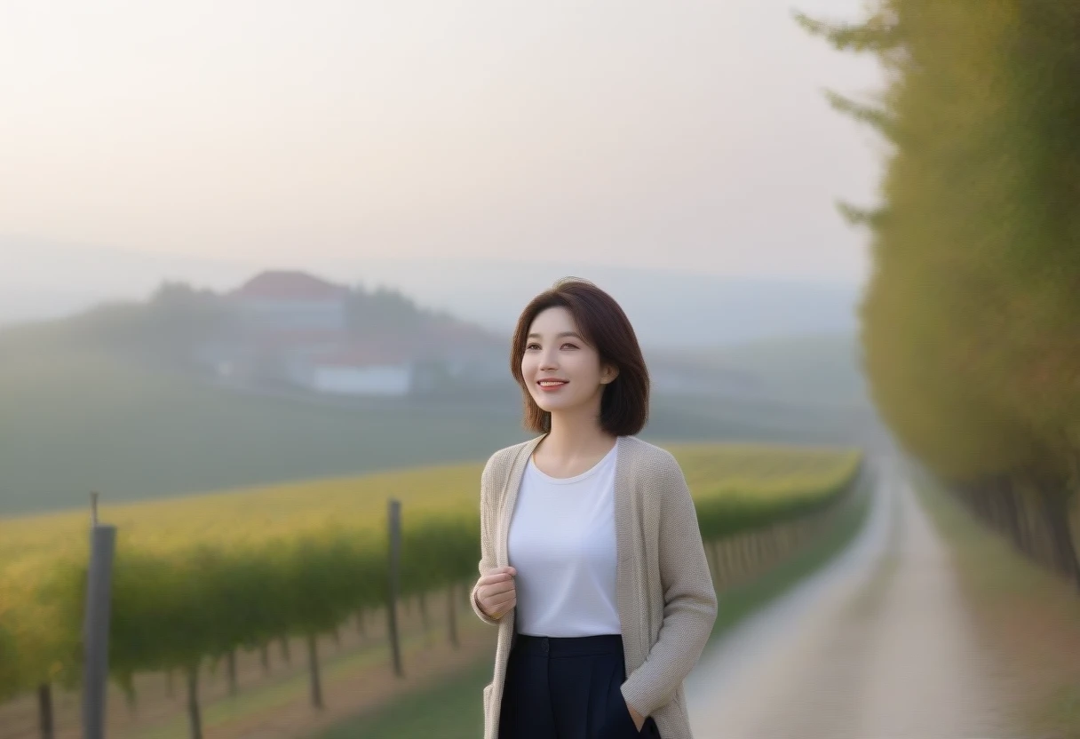 8k best picture quality, Beautiful 36-year-old Korean woman, Chest size 34 inches, Dawn in the early autumn countryside in northern Italy, View of the cathedral next to the vineyards, The back background is realistic and vivid image quality, short medium hair, Wear a shirt and cardigan and casual pants, Smile slightly. the background is clear, looking up the side., Looking at vineyards covered in thick fog from a path on a hill