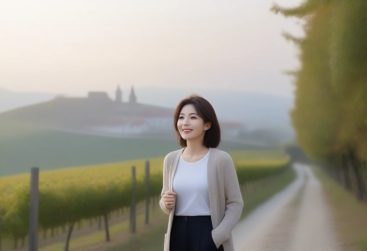 8k best picture quality, Beautiful 36-year-old Korean woman, Chest size 34 inches, Dawn in the early autumn countryside in northern Italy, View of the cathedral next to the vineyards, The back background is realistic and vivid image quality, short medium hair, Wear a shirt and cardigan and casual pants, Smile slightly. the background is clear, looking up the side., Looking at vineyards covered in thick fog from a path on a hill