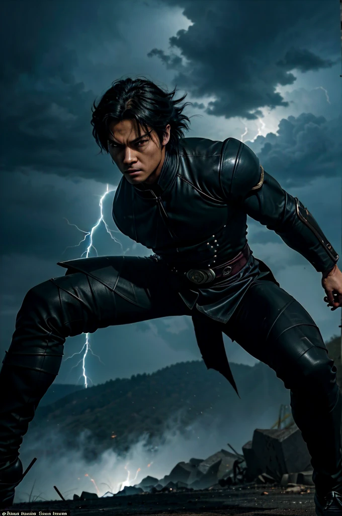 ### Scene Description: The Clash of Titans

**Setting**: A ruined village at dusk, bathed in an eerie glow. The air crackles with tension and residual energy from previous battles. Dark clouds gather overhead, reflecting the brewing storm within the hearts of the combatants.

**Characters**:

- **Kai Arashi**: Clad in his traditional demon slayer uniform, his presence is electrifying. His eyes are sharp and focused, reflecting the intensity of the brewing storm within him. His katana crackles with electrical energy, ready to unleash the power of Thunderstorm Breathing.
  
- **Ryujin no Yami**: An imposing figure shrouded in darkness, his form is both majestic and terrifying. His demonic aura pulses with a malevolent energy that distorts the air around him. His katana, forged from darkness, gleams with a sinister light.

---

**Scene**:

**Panel 1**: Kai and Ryujin stand at opposite ends of the village square, their eyes locked in a deadly stare. The ground between them is scorched and cracked from the residual energy of their initial clashes. Kai's katana glows with an intense blue light, while Ryujin's blade pulses with dark energy.

**Panel 2**: Kai initiates the attack, his form blurring as he charges forward. "Thunderstorm Breathing, First Form: Godspeed Flash!" In an instant, he appears directly in front of Ryujin, his katana slicing through the air with blinding speed.

**Panel 3**: Ryujin parries with ease, his dark blade absorbing the impact. He counters with a swift, powerful strike. "Darkness Breathing, Second Form: Shadow Slash!" A wave of darkness erupts from his blade, aimed directly at Kai.

**Panel 4**: Kai dodges with a lightning-quick sidestep, the darkness grazing past him. He retaliates with a spinning slash. "Thunderstorm Breathing, Third Form: Storm Surge!" A vortex of wind and electricity surrounds him, deflecting Ryujin's attack and pushing him back.

**Panel 5**: Ryujin regains his footing, his eyes narrowing. "Impressive, but not enough." He