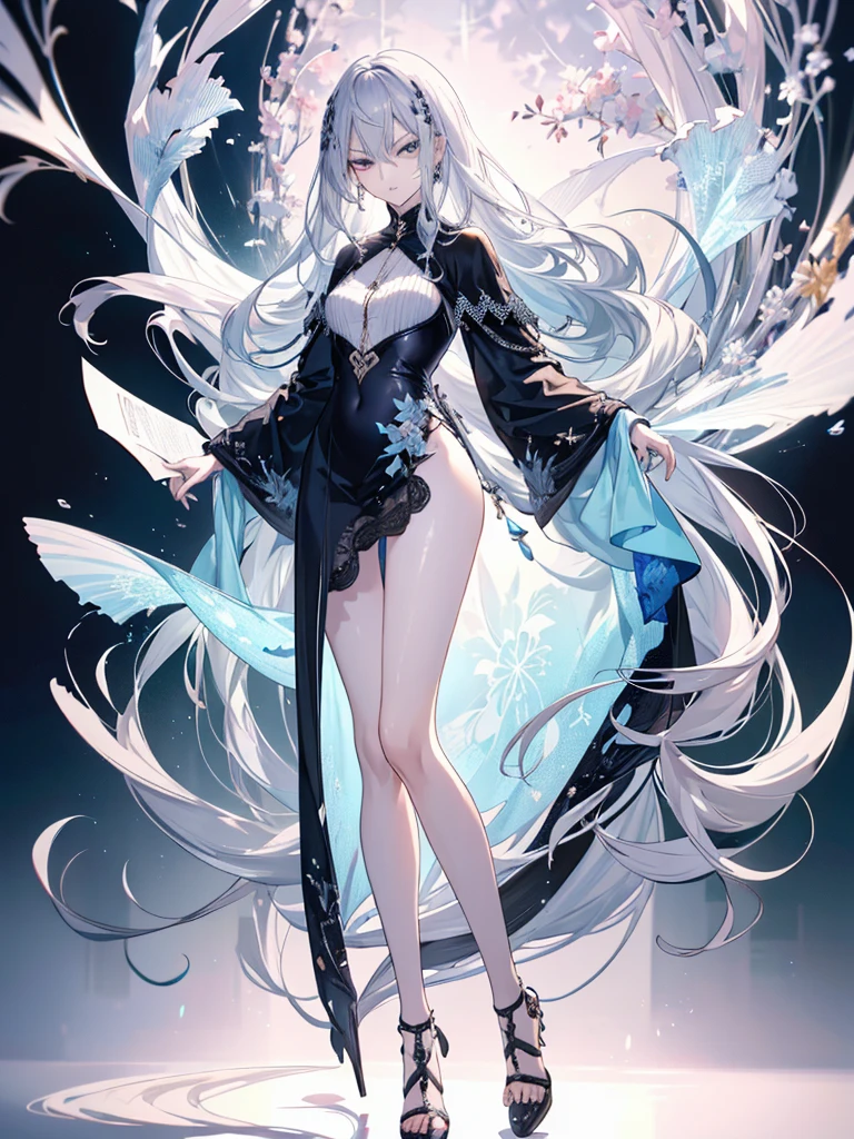 8k,High resolution RAW color art,Anime Art, (((Very detailed and cool))), Detailed skin, Blurry、texture,(Exquisitely crafted, Finer details, Ultra-detailed art), (((1 girl))), Written boundary depth, Silky to the touch, Hyper Detail, (((Cool face))), eye shadow、Silver Marble Skin, Beautiful and sophisticated eyes, Beautiful lip detail, Very delicate face, Delicate depiction of hair and eyes, Delicate fashion, (((Full body description)))、(((very long legs)))