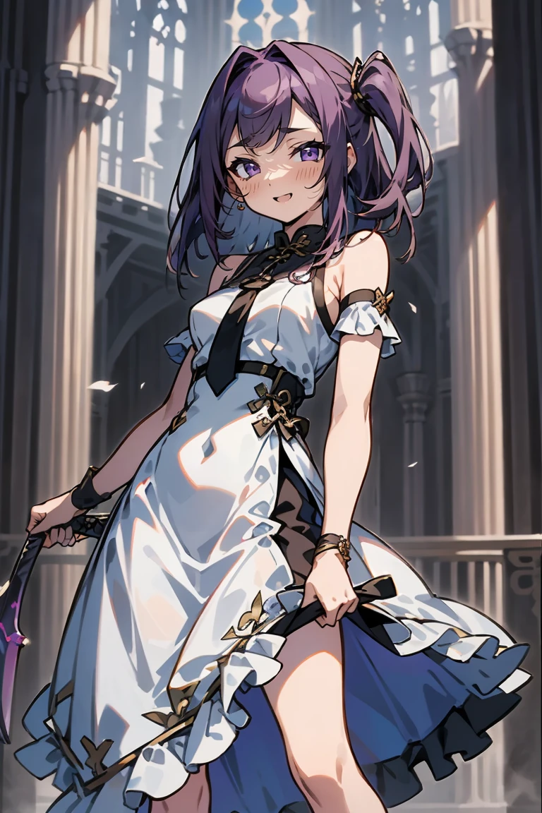 (masterpiece:1.2), (high quality:1.2), reo mikage, blue lock, girls with((1girl, solo, purple hair, (medium hair, right swept bangs, one side up:1.55), bare shoulder, blush, breasts, choker, cleavage, cowboy shot, collar, collarbone, rosary, cross, white clothes, blouse, white dress, sleeveless, collared shirt, necktie, (black sleeves, arm wears, elbow armwarmers, black cheongsam:1.2), cinderella dress, long dress, frilled panniers, (open dress:1.34), leggings, boots, sandals, bare legs, sword, holding a sword, holding, holding a weapon, weapon)), background with((fantasy world, ruin, castle, beautiful sky, shining sky, sunshine:1.35))