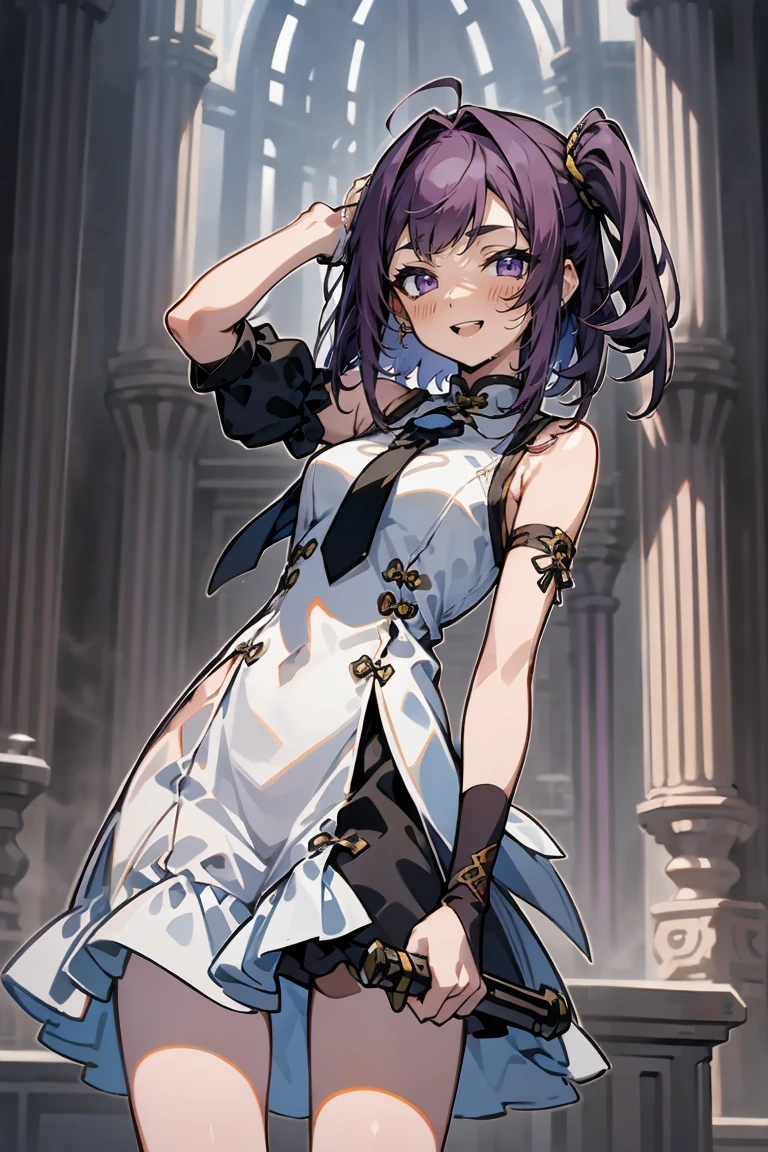 (masterpiece:1.2), (high quality:1.2), reo mikage, blue lock, girls with((1girl, solo, purple hair, (medium hair, right swept bangs, one side up:1.55), bare shoulder, blush, breasts, choker, cleavage, cowboy shot, collar, collarbone, rosary, cross, white clothes, blouse, white dress, sleeveless, collared shirt, necktie, (black sleeves, arm wears, elbow armwarmers, black cheongsam:1.2), cinderella dress, long dress, frilled panniers, (open dress:1.34), leggings, boots, sandals, bare legs, sword, holding a sword, holding, holding a weapon, weapon)), background with((fantasy world, ruin, castle, beautiful sky, shining sky, sunshine:1.35))