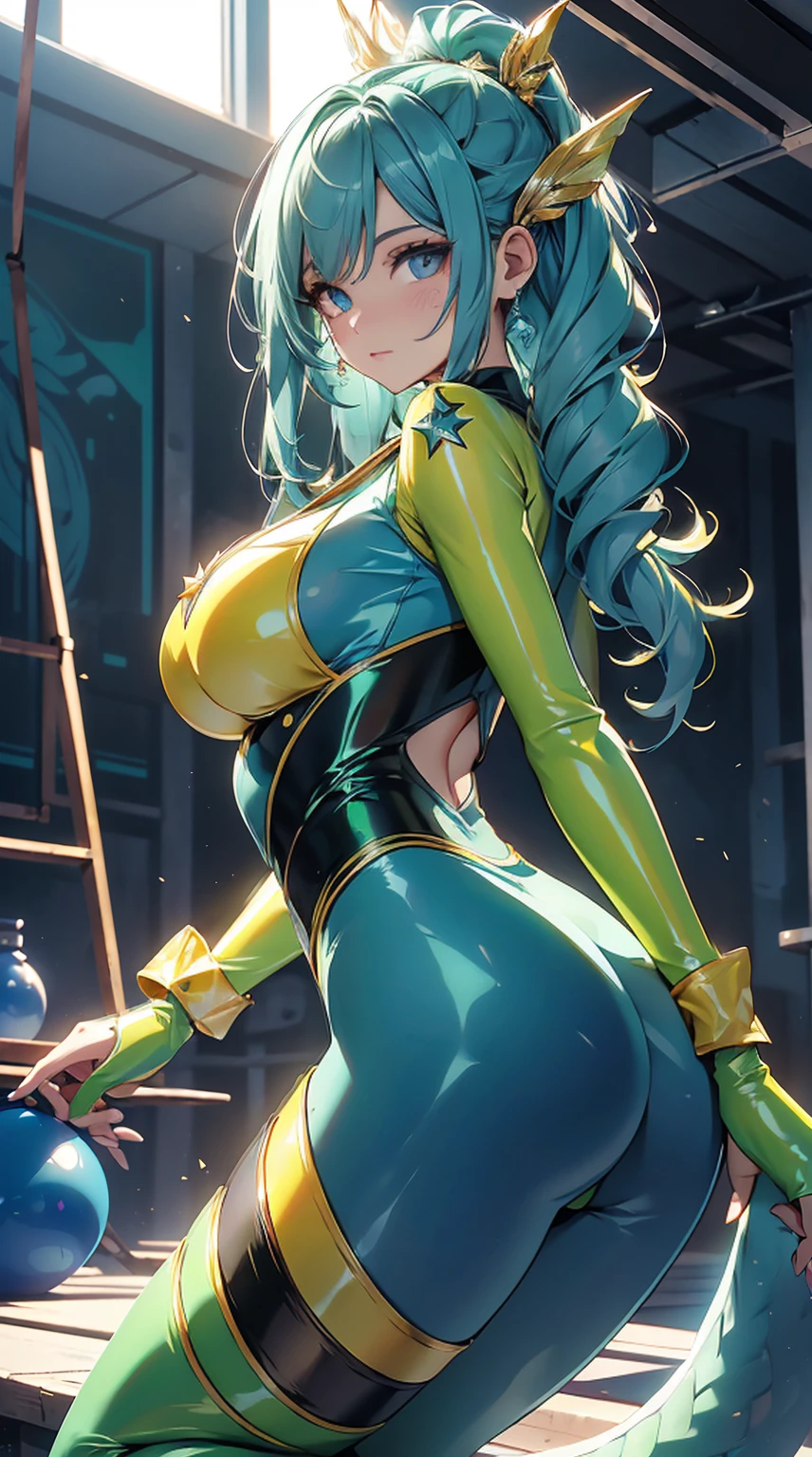 back view, back view,Best quality，chedevr，final resolution，courteous，extremely colorful，color，Mermaid Princess，(lemon-green latex bodysuit:1.4)，black stockings，Star Android!,More detailed 8K.unreal engine:1.4,uhd,La Best quality:1.4, photorealistic:1.4, skin texture:1.4, masterpiece:1.8,First job, Best quality,Объект Object], (detailed facial features:1.3),(inside the blue gym:1.4),(long yellow hair:1.4),（Beautiful and detailed description of the eyes.）,(detailed hands:1.4), (White sportswear:1.4), ultra detailed,detailed eyes,