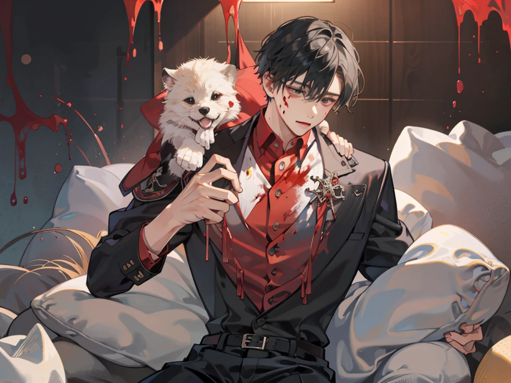 1 boy，((alone)),adult ，suit、Vomiting blood、In pain