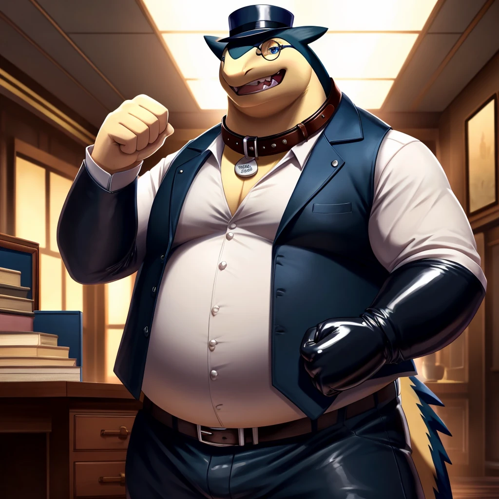 Solo, Male, fat, extremely obese, gentleman, dapper Professor Typhlosion, mob boss, blue eyes, (posing:1.3), (soft shading), 4k, hi res, ((detailed face, detailed)), looking at viewer, mouth wide open, dapper clothing, collared shirt with buttons, bowler hat, male focus, Explorer Outfit, glasses, monocle, vest with buttons, sleeves rolled up, round eyewear, brown headwear, brown vest, office, Typhlosion is wearing a glossy leather dog collar around the neck, Typhlosion is wearing the leather collar and shirt and vest at the same time, Typhlosion is wearing glossy white rubber gloves on the hands, wearing white rubber gloves on the feet, gloves are rubber in texture, clenching teeth, clenching fists, leather collar is glossy and shiny with a lot of detail, Typhlosion is wearing gloves and leather collar at the same time, leather collar has a round dog-tag, leather collar is thick and detailed, leather collar is glossy and shiny, fancy clothing, dapper vest, dapper shirt, leather collar is thick, glossy leather collar.