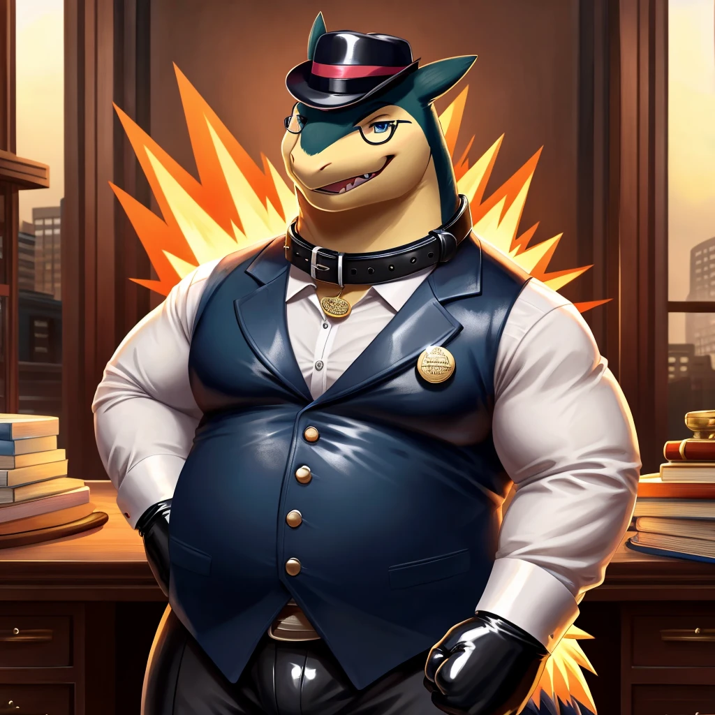 Solo, Male, fat, extremely obese, gentleman, dapper Professor Typhlosion, mob boss, blue eyes, (posing:1.3), (soft shading), 4k, hi res, ((detailed face, detailed)), looking at viewer, mouth wide open, dapper clothing, collared shirt with buttons, bowler hat, male focus, Explorer Outfit, glasses, monocle, vest with buttons, sleeves rolled up, round eyewear, brown headwear, brown vest, office, Typhlosion is wearing a glossy leather dog collar around the neck, Typhlosion is wearing the leather collar and shirt and vest at the same time, Typhlosion is wearing glossy white rubber gloves on the hands, wearing white rubber gloves on the feet, gloves are rubber in texture, clenching teeth, clenching fists, leather collar is glossy and shiny with a lot of detail, Typhlosion is wearing gloves and leather collar at the same time, leather collar has a round dog-tag, leather collar is thick and detailed, leather collar is glossy and shiny, fancy clothing, dapper vest, dapper shirt, leather collar is thick, glossy leather collar.