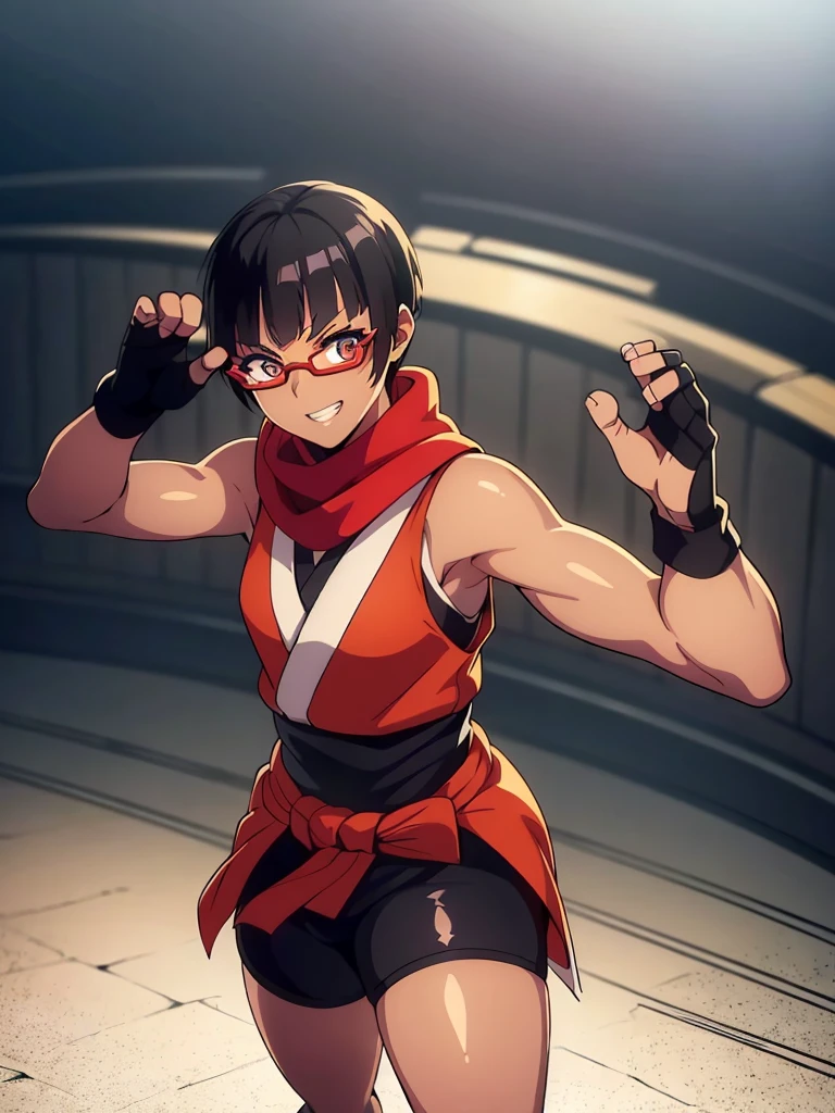 (flat chest), (masterpiece:1.2), highest quality, High resolution, unity 8k wallpaper, (fine and beautiful eyes:1.6), highly detailed face, perfect lighting, Detailed CG, (perfect hands, perfect anatomy), (1 japanese female:1.4), 20 years old,( black hair:1.3), extremely beautiful detailfeminine face and eyes, (grin smile), detailed eyes, best quality,( dark skin:1.8), extremely detailed, very precise detailed,(glasses:1.3), (blunt bangs:1.3), open mouth, (very short pixie cut:1.2), (geta:1.2),(fingerless gloves:1.5), half closed eyes,long sidelocks,(long red Scarf:1.3),(sleeveless yukata), (fight stance:1.5),(high kick:1.6),(bike_shorts:1.4),