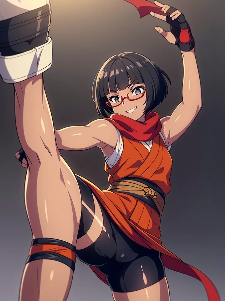 (flat chest), (masterpiece:1.2), highest quality, High resolution, unity 8k wallpaper, (fine and beautiful eyes:1.6), highly detailed face, perfect lighting, Detailed CG, (perfect hands, perfect anatomy), (1 japanese female:1.4), 20 years old,( black hair:1.3), extremely beautiful detailfeminine face and eyes, (grin smile), detailed eyes, best quality,( dark skin:1.8), extremely detailed, very precise detailed,(glasses:1.3), (blunt bangs:1.3), open mouth, (very short pixie cut:1.2), (geta:1.2),(fingerless gloves:1.5), half closed eyes,long sidelocks,(long red Scarf:1.3),(sleeveless yukata), (fight stance:1.5),(high kick:1.6),(bike_shorts:1.4),