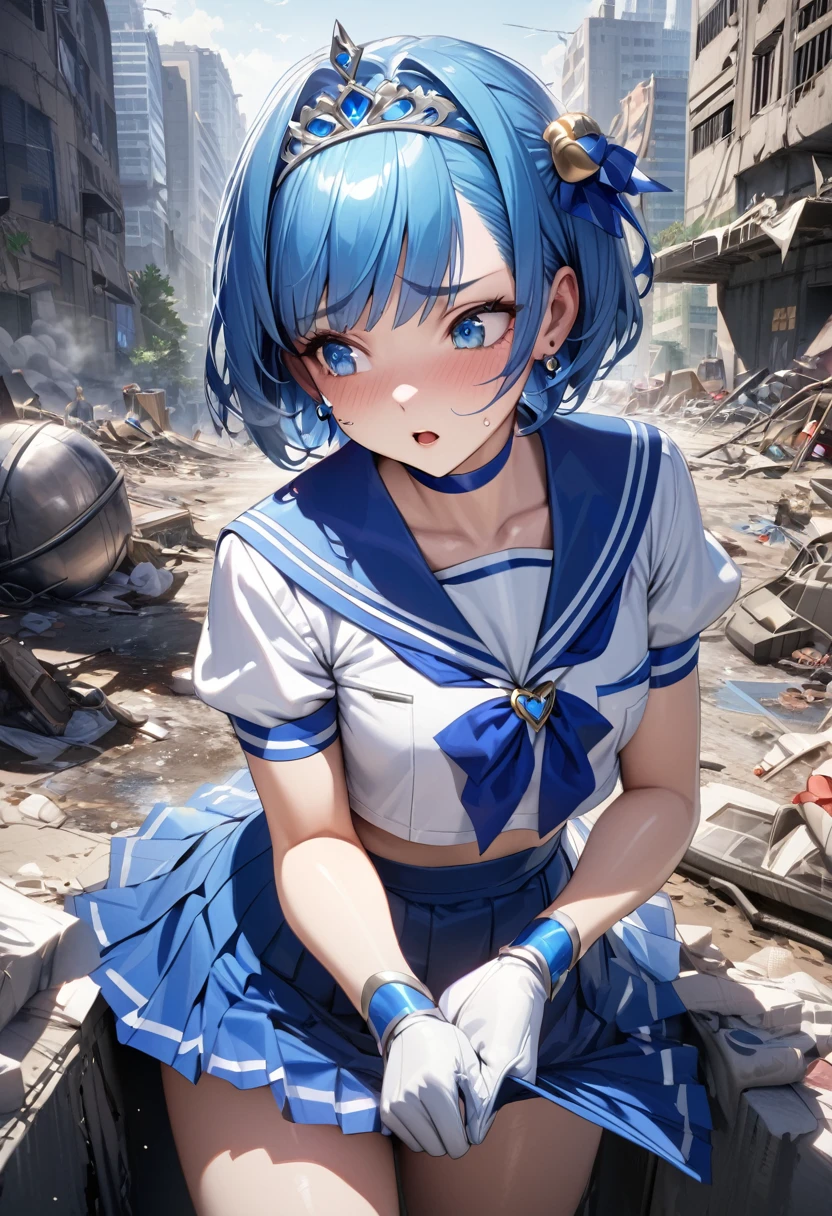 suffer,close ~ eye,Open your mouth,Flushing,masterpiece, Highest quality, High resolution, Venus 1, One Girl, alone, Sailor Warrior Uniforms, Sailor Mercury, Mizuno Ami, Blue Hair, Magical girl, blue eye, Blue Skirt, - Elbow hand pockets, tiara, Pleated skirt, Hair Ribbon, Blue sailor collar, mini skirt, choker, blue choker, White gloves, short hair,  jewelry,  Earrings, Cowboy Shot,More detailed 8K.Unreal Engine:1.4,超High resolution,La Highest quality:1.4, Realistic:1.4, Skin Texture:1.4, masterpiece:1.8,first work, Highest quality,Object Object], (Detailed facial features:1.3),(Great hands:1.4),(Apocalyptic destroyed cityscape:1.4),skirt lift,Camel toe