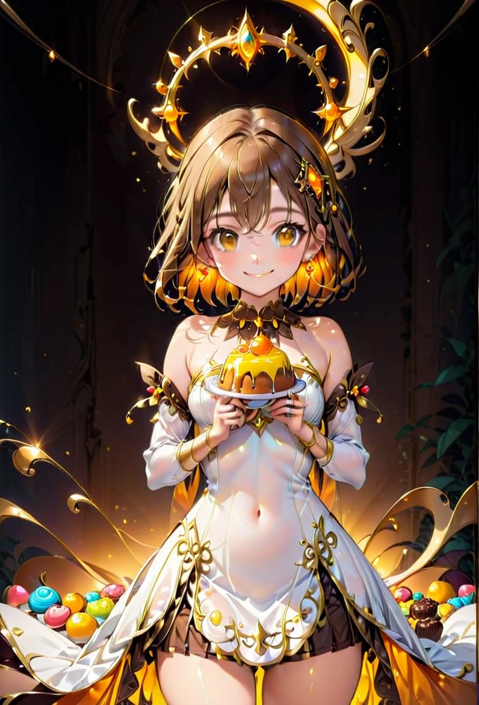 High resolution, high quality, High-resolution model, High detail, Very detailed, (Slim figure:1.3), (Small breasts:1.3), (Thin legs:1.3), (Costumes that hide the lines of the body:1.5), (Loose costumes:1.5), (Fantasy atmosphere:1.3), (Waist up shot:1.3), (Have a pudding:1.3), goddess, Girl, Very Short Hair, Straight Hair, smile, Happy face, Brown eyes, Gradient eyes, Front shot, Her hair is brown on top and orange on the bottom., Mysterious Circlet of Light, Neon-like earrings, White dress, mini skirt, Shiny yellow and orange gothic ornaments on the costume, A mysterious ring of light in the background extends off-screen, Mysterious light in the background, The background is yellow, orange and brown, (Artistic background with various sweets as a theme:1.3)