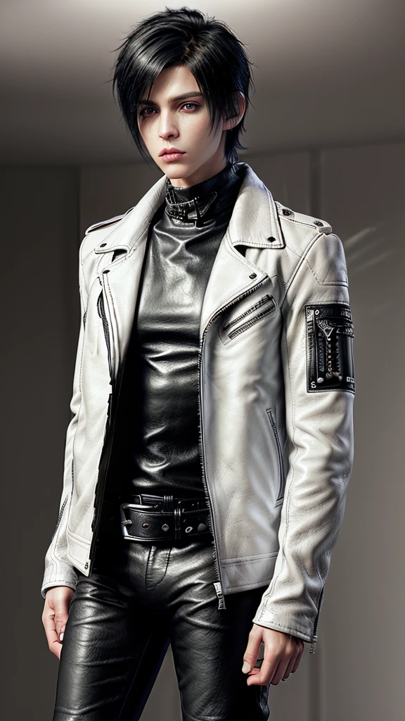 Final fantasy taste and reality graphics, ((Japanese young cute and cool ikemen boy)), his age is early 20s, thin eyebrows and beady eyes, ((he wearing off white color leather thick and heavy material jacket)), ((jacket is singlebrest)), ((biker style jacket)), ((jacket is large size)),((with epaulet)), ((jacket is long sleeve)), ((zipped front of the leather jacket)), , ((voluminous leather jacket)), ,((must jacket is high length and stand-up collar)) ((jacket collar with two belts)), ((jacket is a little black color line pattern)), ((also wearing black thick material turtleneck lackluster shirts)), ((tight black leather pants)), ((put black leather tight and thin glove on both hands)), ((black leather knee-high raceup boots)),((must views head-to-toe)),((must views whole body)), ,((Do not show skin from the neck down)),leather jacket leather glove and leather pants have few wrinkles, Avoid showing your innerwear,zip up jacket fastner.must put on a leather glove.
Boy is black hair.boy looks like fashion model.
Boy in the dim room.