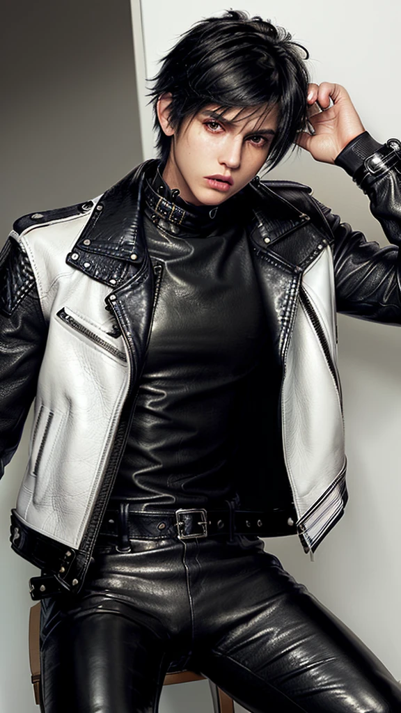 Final fantasy taste and reality graphics, ((Japanese young cute and cool ikemen boy)), his age is early 20s, thin eyebrows and beady eyes, ((he wearing off white color leather thick and heavy material jacket)), ((jacket is singlebrest)), ((biker style jacket)), ((jacket is large size)),((with epaulet)), ((jacket is long sleeve)), ((zipped front of the leather jacket)), , ((voluminous leather jacket)), ,((must jacket is high length and stand-up collar)) ((jacket collar with two belts)), ((jacket is a little black color line pattern)), ((also wearing black thick material turtleneck lackluster shirts)), ((tight black leather pants)), ((put black leather tight and thin glove on both hands)), ((black leather knee-high raceup boots)),((must views head-to-toe)),((must views whole body)), ,((Do not show skin from the neck down)),leather jacket leather glove and leather pants have few wrinkles, Avoid showing your innerwear,zip up jacket fastner.must put on a leather glove.
Boy is black hair.boy looks like fashion model.
Boy in the dim room.