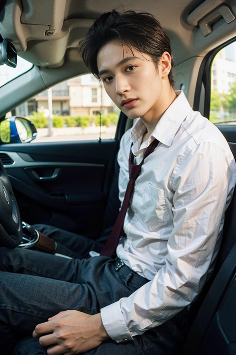 (Masterpiece, best quality:1.2), realistic photography handsome men, sit in the car  