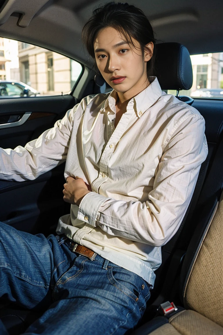 (Masterpiece, best quality:1.2), realistic photography handsome men, sit in the car  