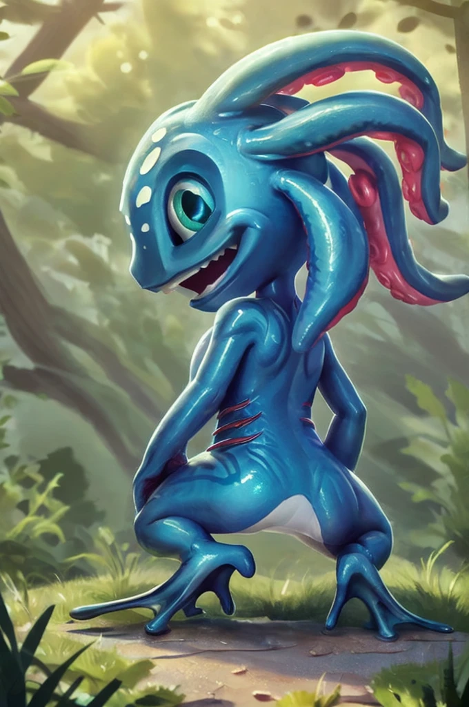 (((masterpiece, best quality))), digital painting, 8k, stunningly beautiful, highly detailed, depth of field, complex background, BREAK fizz_lol, (amphibian:0.5), solo, full body, tentacle_hair, smiling, grinning, gills, (webbed feet:1.2), flat feet, white soles, webbed fingers BREAK smooth skin, squatting,  grass, meadow  , back view, rear view, view from behind,