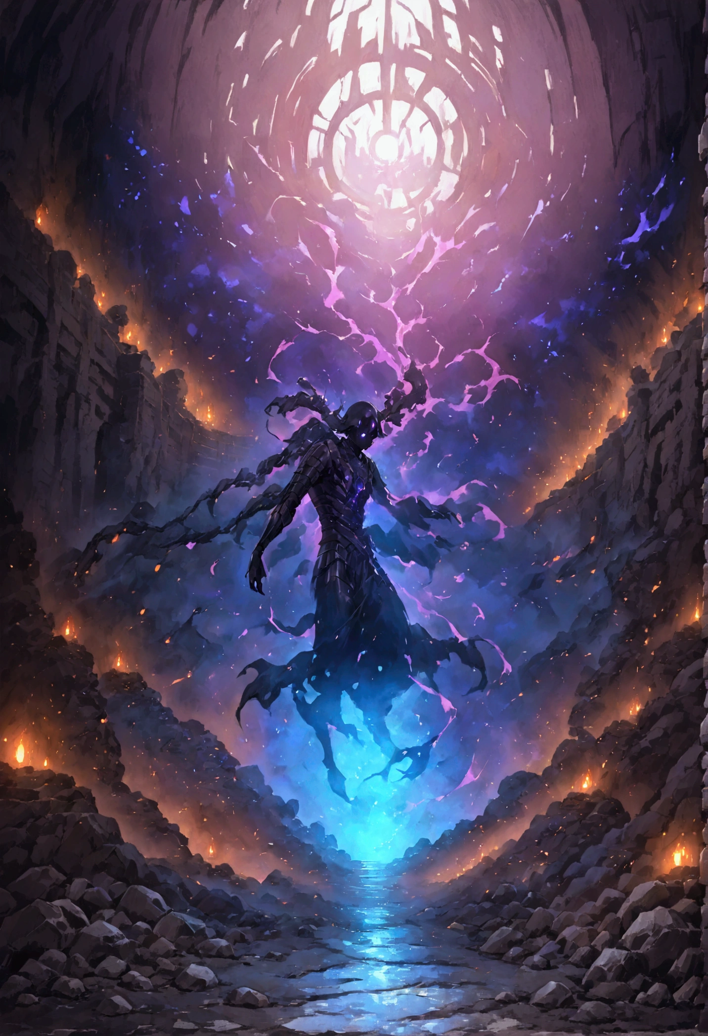 A spectrum made of abyssal energy, purple and pink color,with a defined body, covered in rocks and metal, with the background of a room in an underground temple
