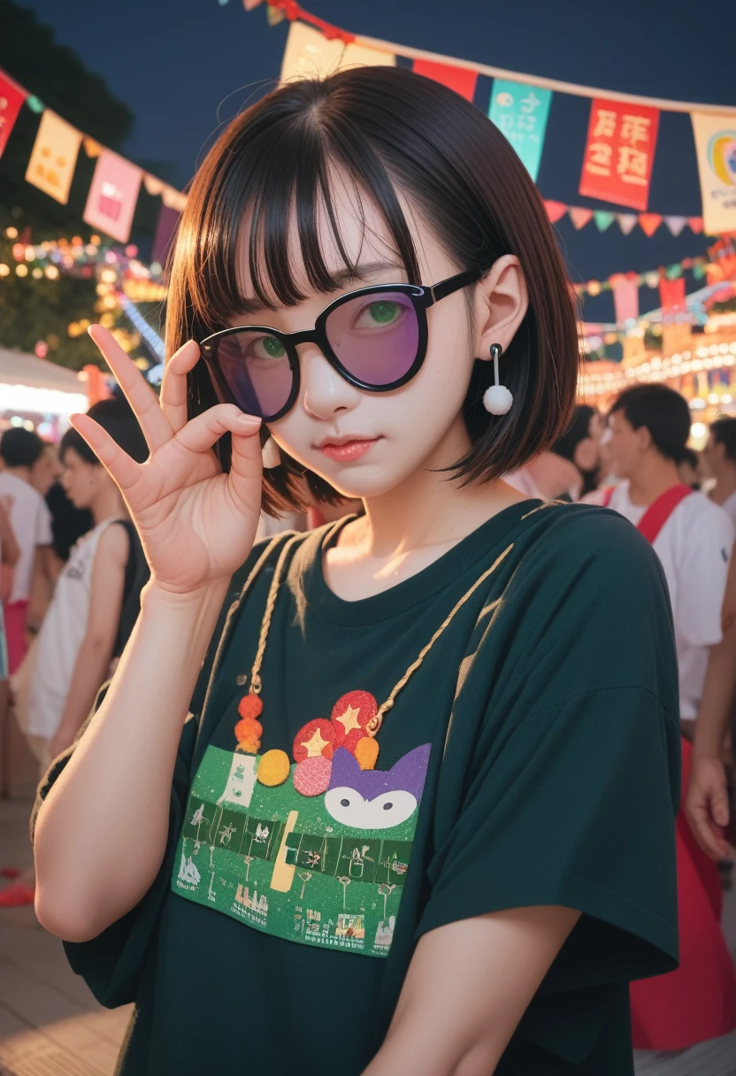 Japanese cartoons, dj女孩, dj, dj girl, earphone, carnival, (Highest quality),masterpiece,best quality,extremely detailed CG wallpaper, Extremists_detailed,(light:1.1), (Cold Face), Green Eyes, 1 Girl, Solitary, dark green_hair, short_hair, masterpiece, best quality, Glasses