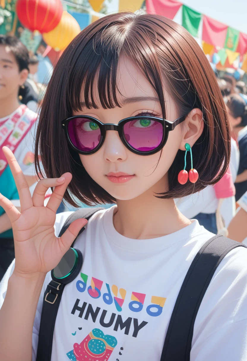 Japanese cartoons, dj女孩, dj, dj girl, earphone, carnival, (Highest quality),masterpiece,best quality,extremely detailed CG wallpaper, Extremists_detailed,(light:1.1), (Cold Face), Green Eyes, 1 Girl, Solitary, dark green_hair, short_hair, masterpiece, best quality, Glasses
