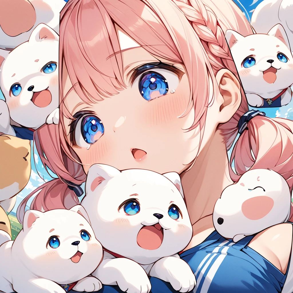 Highest quality、High resolution、Detailed Background、Beautiful face in every detail、Anatomically correct、Detailed facial expressions、fine grain、((full body, from below, side view, looking away:1.2)), ((One Girl))、Chibi Girl、break　Cute hair color、Big beautiful blue eyes、Braided twin tails、plump lips、Pink Lips、Slightly open mouth、Elementary school, (Tank top、Ｖneck、mini skirt、Cute Shoes)、I'm a little scared、I have a lot of tears in my eyes、An expression that looks like it's about to cry、grassland、((Lying face down、Rest your chin on your hands and bend your knees))、break　((With a giant white puppy))、Eyes close up、