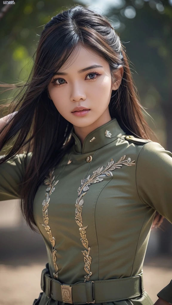 (Ultra quality:1.2), (Ultra detailed:1.2), (Ultra detailed clothes:1.2), (Ultra detailed face:1.2), (Ultra detailed eyes:1.2), (Ultra detailed body:1.2), (Ultra detailed weapons:1.2), soldier women, background war world, indonesian soldiers