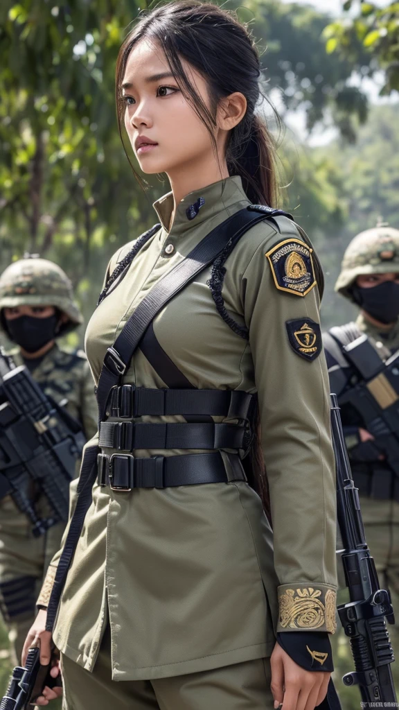 (Ultra quality:1.2), (Ultra detailed:1.2), (Ultra detailed clothes:1.2), (Ultra detailed face:1.2), (Ultra detailed eyes:1.2), (Ultra detailed body:1.2), (Ultra detailed weapons:1.2), soldier women, background war world, indonesian soldiers