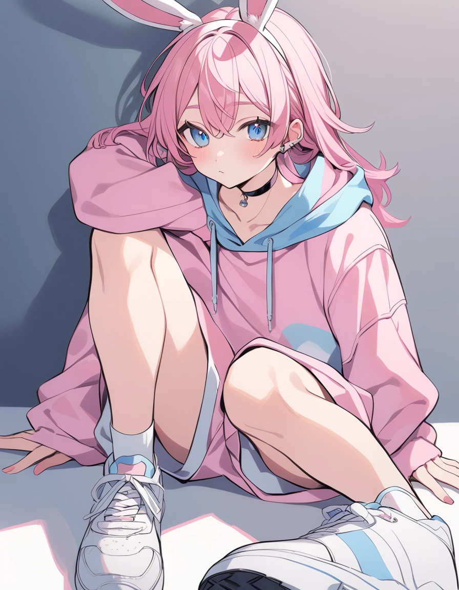 pink hair, boy, teen, rabbit ears, pink hoodie, blue eyes, choker, white shoes