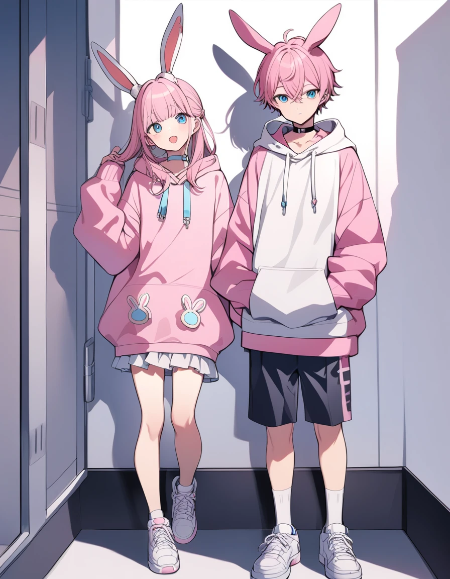 pink hair, boy, , rabbit ears, pink hoodie, blue eyes, choker, white shoes