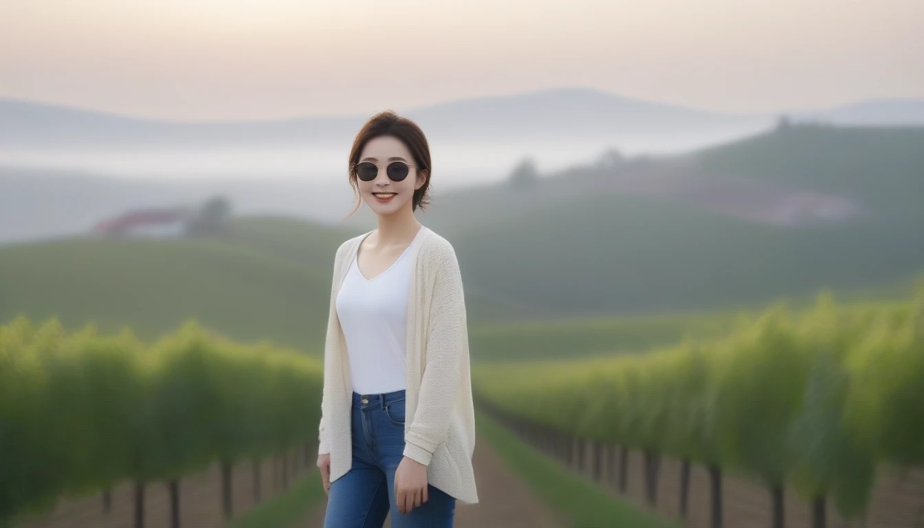 8k realistic, lifelike photo,, 36 year old Korean woman, Short in stature, pretty like a model. front view, white shirt and short cardigan, casual pants, short medium hair, smiling, Italy. spring, vineyard, thick dawn fog. vineyard 지나 짙은 안개 속으로 저 멀리 성당이 보인다. Full body shot from afar with a wide angle lens , 1 woman, Short in stature, superb picture quality, The morning fog thickens, The picture quality is alive.. Full body shot with Canon 16-35 wide angle lens, Put on your horn-rimmed sunglasses and look up to the side