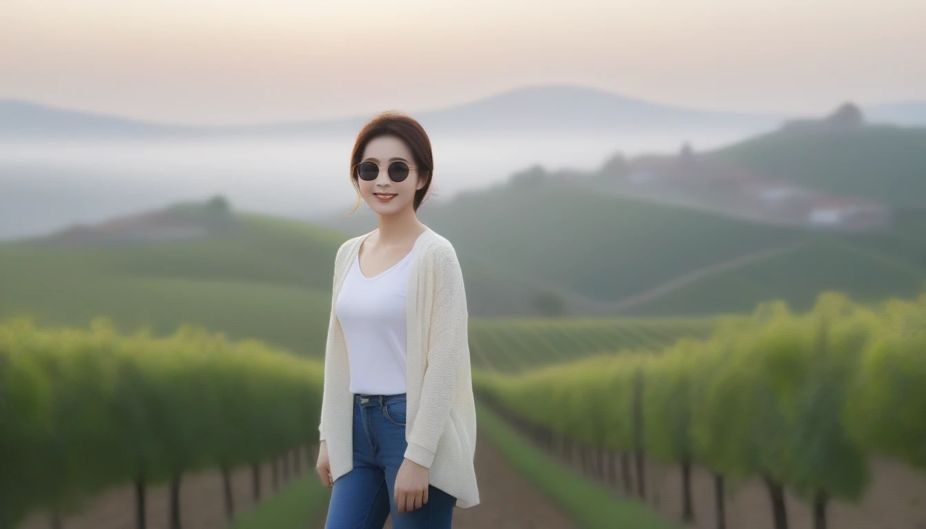 8k realistic, lifelike photo,, 36 year old Korean woman, Short in stature, pretty like a model. front view, white shirt and short cardigan, casual pants, short medium hair, smiling, Italy. spring, vineyard, thick dawn fog. vineyard 지나 짙은 안개 속으로 저 멀리 성당이 보인다. Full body shot from afar with a wide angle lens , 1 woman, Short in stature, superb picture quality, The morning fog thickens, The picture quality is alive.. Full body shot with Canon 16-35 wide angle lens, Put on your horn-rimmed sunglasses and look up to the side