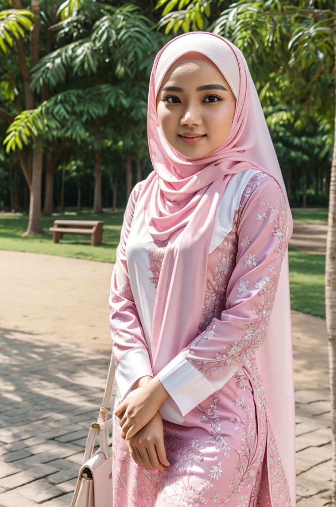 ((best quality)), ((masterpiece)), (detailed), perfect face, A 26 years old malay lady, wear white hijab and pink kurung at park,